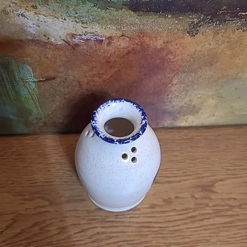 Three Rivers Pottery Jar Vase 1988 Blue Cream Rustic Cottage Speckle 4.25